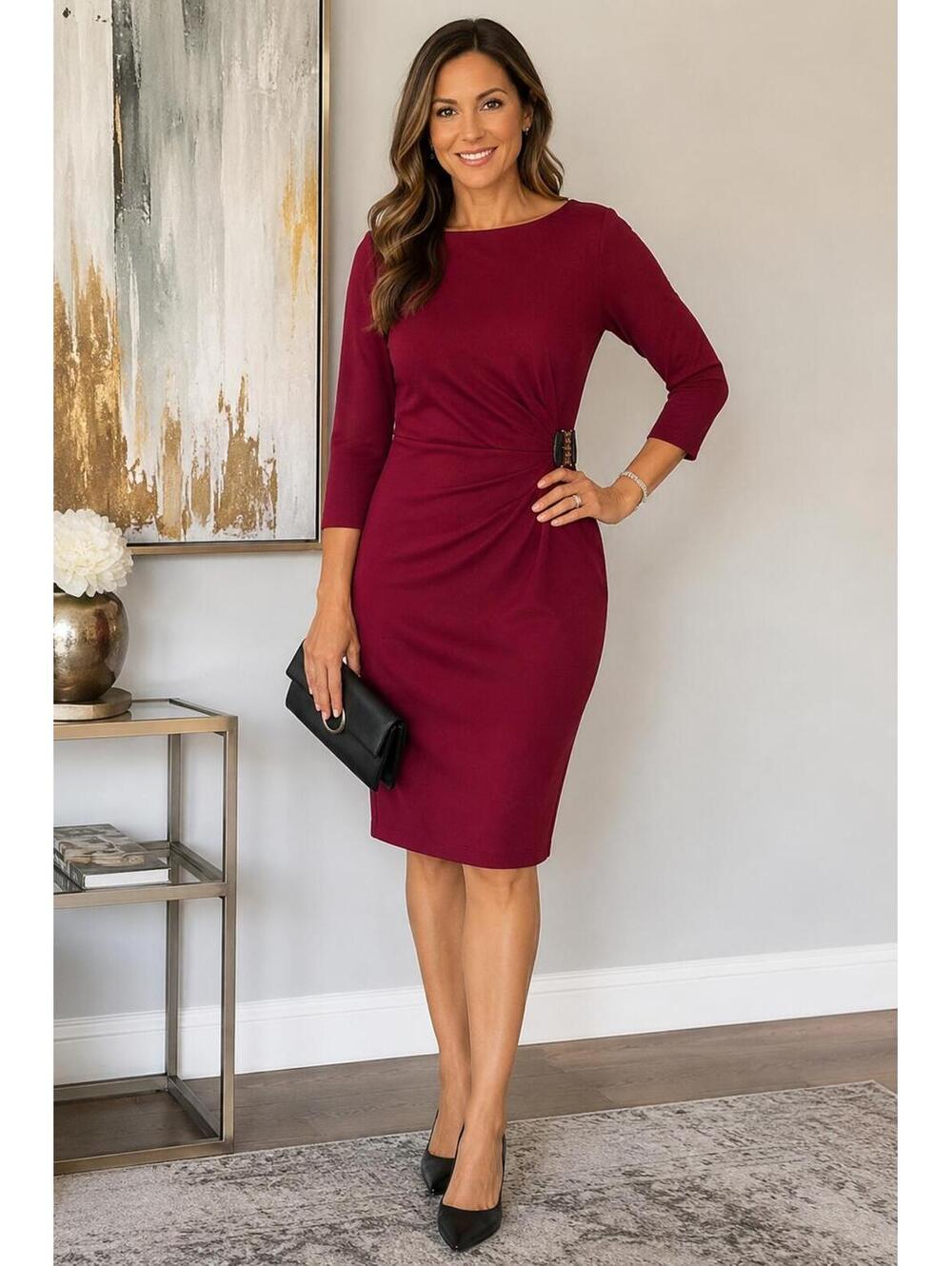 Spense Burgundy Ruched Sheath Dress Size 6 3/4 Sleeve Buckle Accent